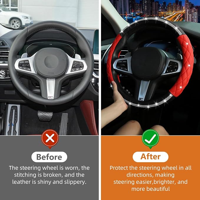 Diamond Steering Wheel Cover ,with Bling Crystal Rhinestone,Delicate and Anti-Slip Sparkly Sedan Steering Wheel Cover ,Adaptable to 14.5-15 inches Car Wheel Protector for Women Girl ,Black & Red