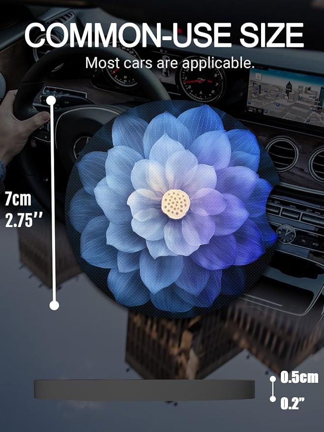 WOCOCN Cute Cup Holder Coasters for Your Car with Fingertip Grip, Auto Accessories for Women & Men,Pack of 2 (Blue Lotus Flower A)