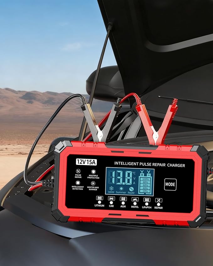 12V 15A Car Battery Charger - Smart Automatic Trickle Charger Battery Maintainer for Car Battery with Pulse Repair & LCD Display, Compatible with Lithium/CAR/AGM/Moto/LiFePO4 Batteries