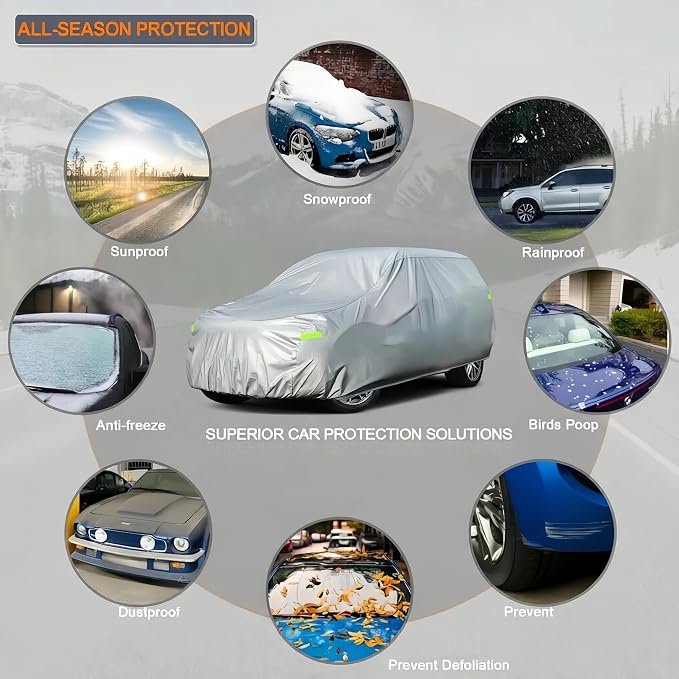 Waterproof Car Cover for SUVs 191-201 Inches, 210D Heavy Duty All Weather Auto Cover with Driver Door Zipper & Tire Straps, UV Sun Rain Snow Hail Protection
