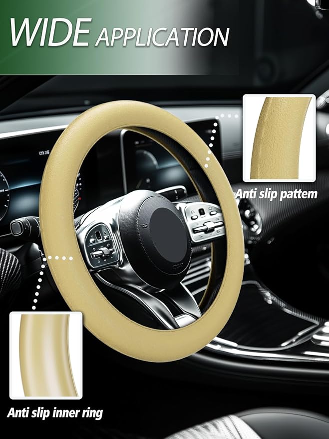 LRITER Car Steering Wheel Cover, Non-Slip Silicone Material, Multiple Color Choices, Universal Auto Parts Steering Wheel Cover, Suitable for Most Cars (Champagne)