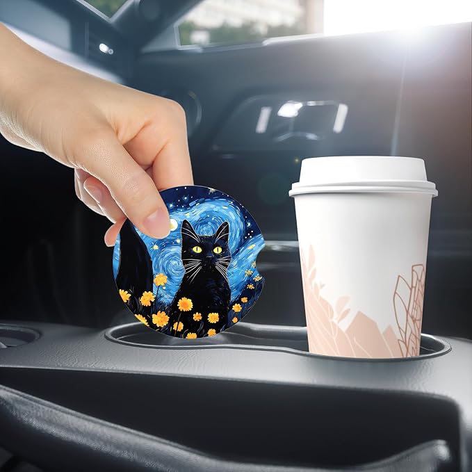 Aiawoxc Car Cup Holder Coasters, 2 Pack Universal Auto Anti Slip Insert Coaster with A Finger Notch, Cup Mat for Most Car Interior, Starry Sky Cat