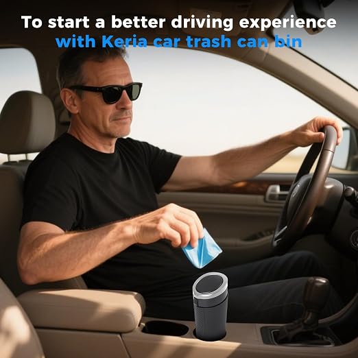 Keria Car Trash Can Bin with Lid - Mini Car Garbage Can Cup Holder-Small Leakproof Vehicle Trash Garbage Can Bin-Automotive Car Organizers and Storage for Back Seat SUV Vechile Accessories (Black)