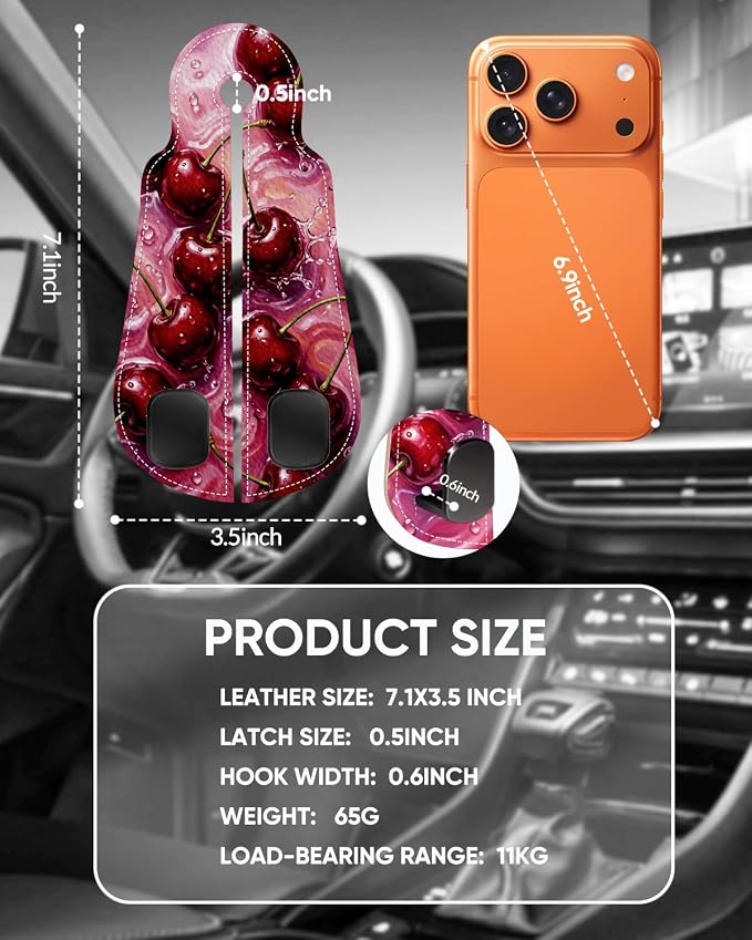 WOCOCN Purse Holder for Car, 2 Pack Heavy Duty Purse Hanger for Car, PU Leather Car Seat Hooks for Purses and Bags, Cute Cherry Headrest Organizer for Handbags & Backpacks