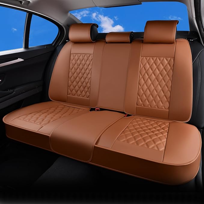 Huidasource Brown Back Seat Covers Universal Fit for Most Cars SUVs Trucks Compatible with Seat Belts, Child Safety Seats, Rear Seat Covers Nappa Leather Velcro Adjustable Seat Covers (Back Row/Brown)