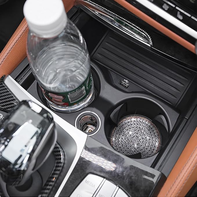 Bling Car Cup Holder Coaster, 2PCS 2.75 Inch Crystal Rhinestone Anti Slip Vehicle Drink Cup Mat for Women Girls, Auto Interior Embedded in Ornaments. Universal Fit (Golden Diamond)