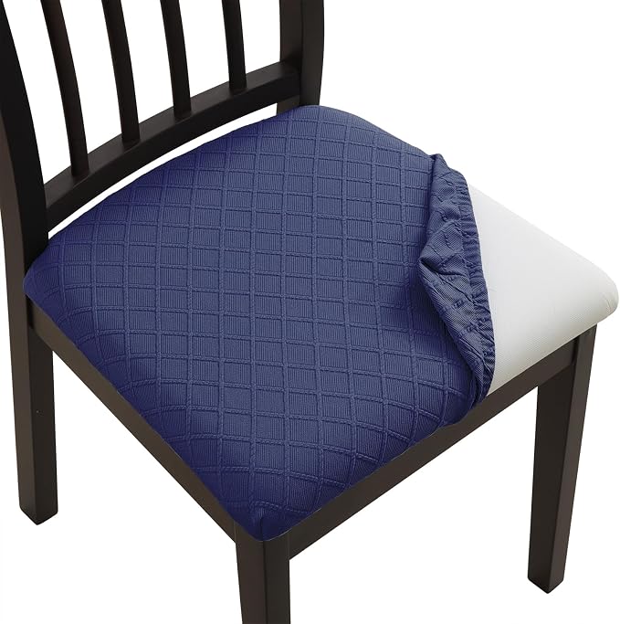 Fuloon Waterproof Seat Cushion Covers 6 PCS, Stretch Jacquard Chair Seat Covers Washable Dining Room Chair Slipcovers Removable Kitchen Cushion Protector (6, Waterproof-Navy Blue)