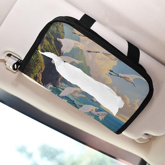 White Egret Fly Coastline Car Tissue Holder Durable Napkin Holder Hanging Tissue Holders Case Car Tissues Bag for Sun Visor Seat Back Universal Auto