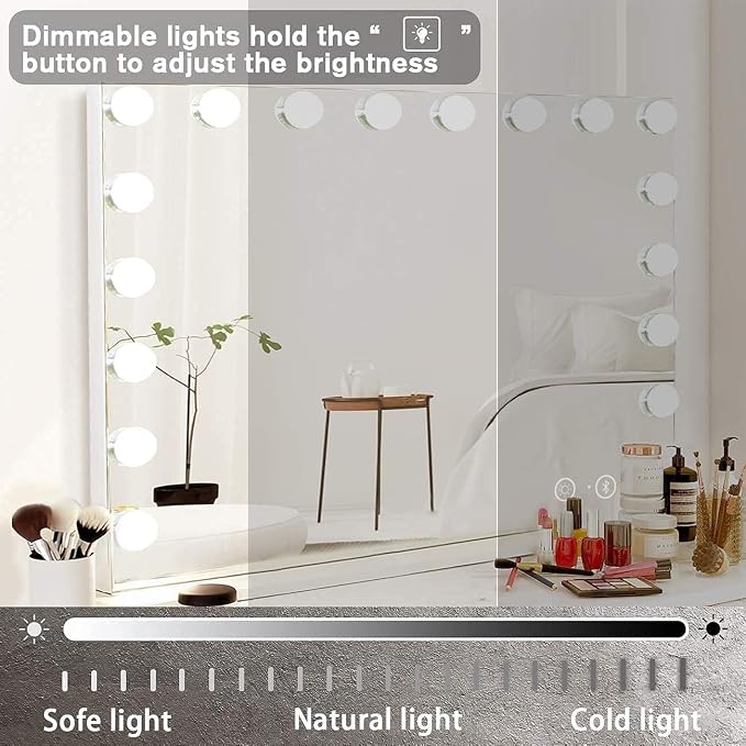 Hansong Vanity Mirror with Lights and Bluetooth Speaker 32"x 22.8" Hollywood Makeup Mirror with 18 LED Bulbs, Large Lighted Mirror with 3 Color Modes, USB Charging, 10x Magnification, Tempered Glass