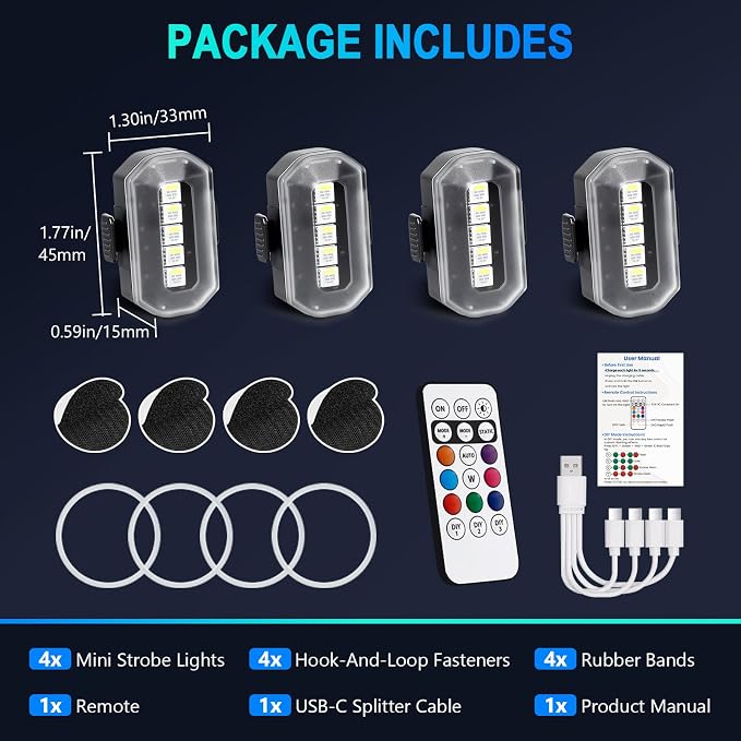 1797 Upgraded 5-LED Wireless Strobe Lights with Remote, RGB Exterior & Interior Ambient Lighting, 8 Colors & 5 Modes, USB-C Rechargeable, 4 PCS Waterproof Mini Lights for Car, Truck, Bike, Motorcycle