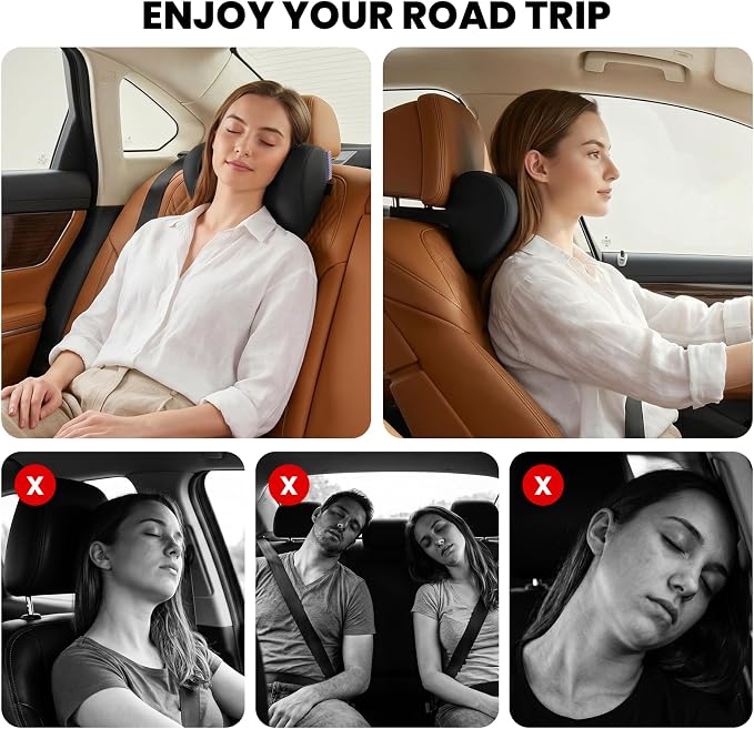 ZZ-WELL Car Headrest Pillow, Car Neck Pillow for Neck Pain Relief with Adjustable Strap, Memory Foam & Breathable Removable Cover, Travel Car Neck Pillow for Pain Relief While Driving (Black, 1Pack)