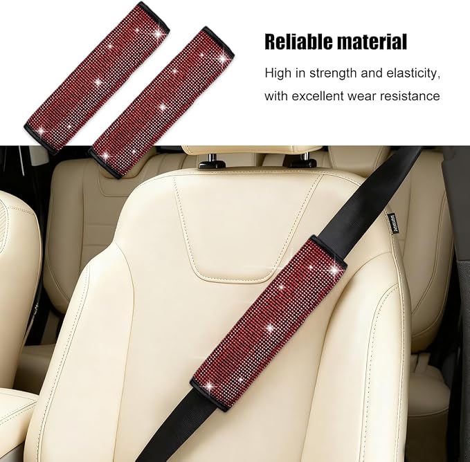8PCS Bling Car Accessories Set, Sparkly Rhinestone Vehicle Steering Wheel Seat Belt Gear Shift Start Stop Button Cover, Diamond Auto Cup Holder Coaster Decoration, Universal Fit (Red)