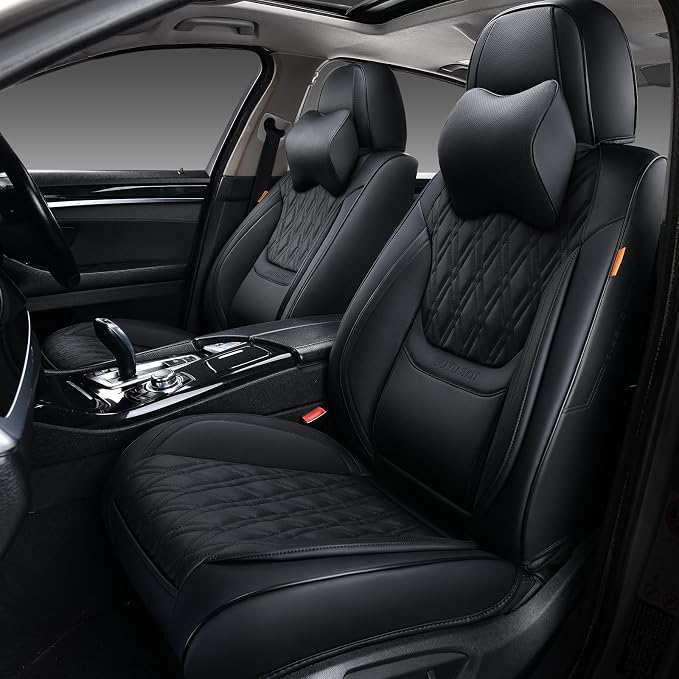 Black Car Seat Covers Full Set, Breathable Leather Automotive Front and Rear Seat Covers & Headrest, Universal Automotive Vehicle Seat Cover for Most Sedan SUV Pick-up Trucks