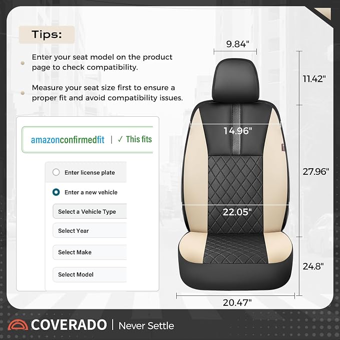 Coverado Car Seat Covers Full Set, Automotive Front and Rear Seat Covers with Backrest, Nappa Leather Car Seat Protectors Waterproof, Universal for Most Vehicles