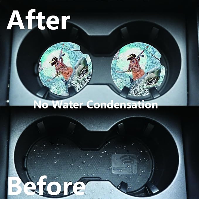 2pcs Cute Shark and Cat Car Coasters,Absorbent Universal neoprener Cup Holder Coasters with a Finger Notch,Car Accessories for Women&Man Interior,2.75"