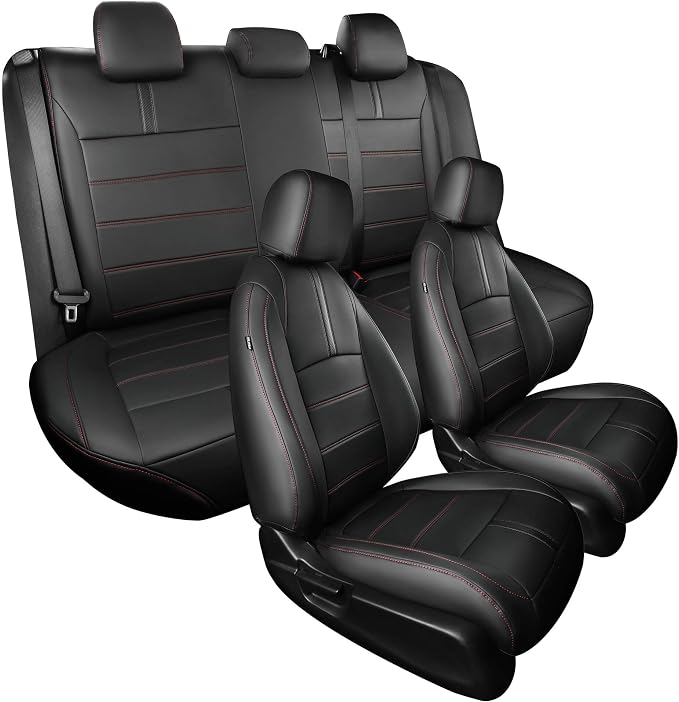 Seat Covers for Honda Civic Sedan LX 2016 2017 2018 2019 2020 2021, Faux Leather Car Seats Cover Full Set Waterproof, Black Red Line (Solid Rear Seatback - No Rear Armrest)