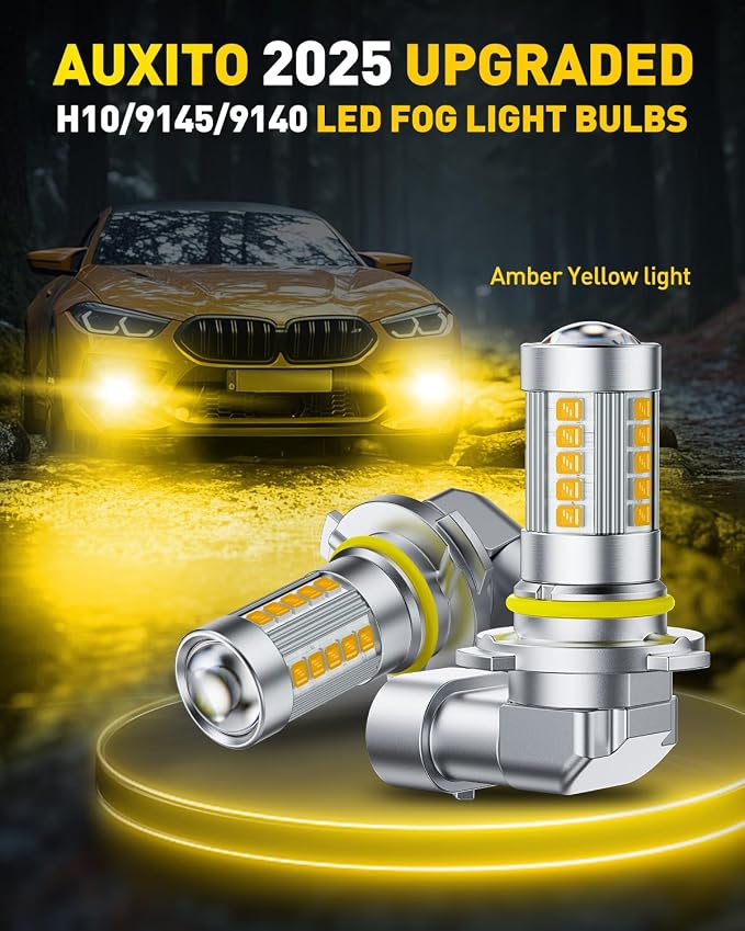 AUXITO 9145 9140 H10 LED Fog Light Bulbs, 3000K Amber Yellow CSP LED Fog Lights, True 1:1 Mini Size Replacement Fog Bulb, 360° Full Illumination, Play and Plug, Pack of 2