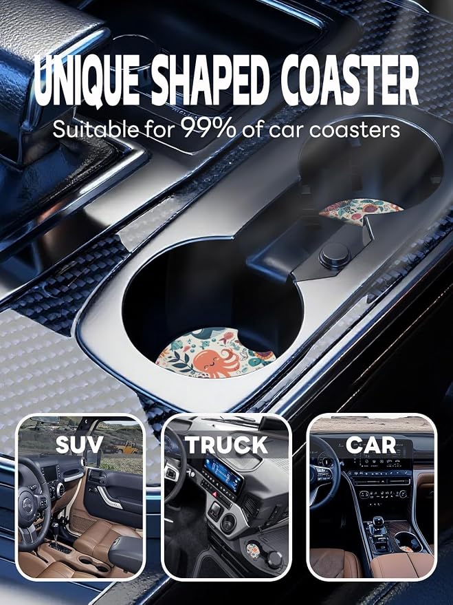 WOCOCN Car Coasters,Cup Holder Coasters for Car,2.75inch Anti Slip and Absorbent,Cute Automotive Interior Accessories for Cup Holder,Pack of 2 (Octopus)
