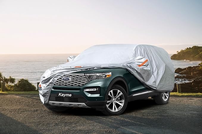 Kayme SUV Car Cover Waterproof All Weather (191 to 200 Inch) | Protects cars from outdoor UV exposure, blocks blowing dust and wind, breathable lightweight material, easy storage