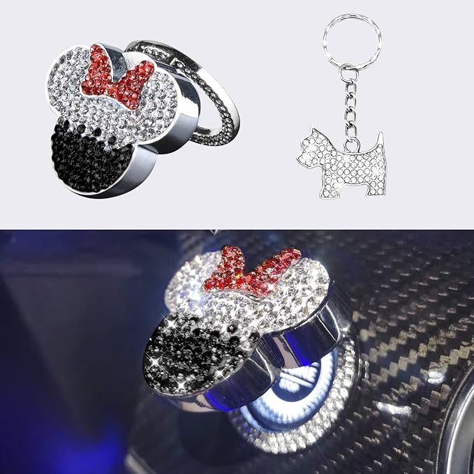 Pangpai Cute Push to Start Button Cover Accessories, Bling Crystal Engine Start Stop Button Cover, Black Car Decoration Interior Sticker for Women, Girls