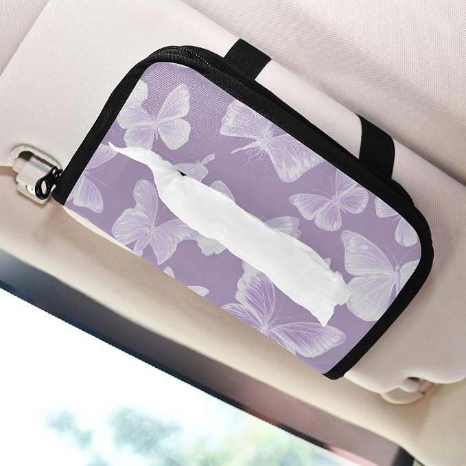 Purple White Butterfly Car Tissue Holder Durable Napkin Holder Hanging Tissue Holders Case Car Tissues Bag for Sun Visor Seat Back Universal Auto
