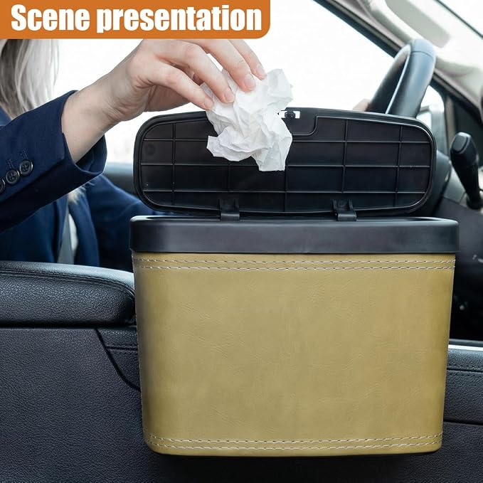 Mini Car Trash Can with Lid, Water-Resistant Leakproof Garbage Can, Small Auto Door Storage Trash Bin, Multipurpose Vehicle Interior Organizer Accessories for Car Home Office(Beige)