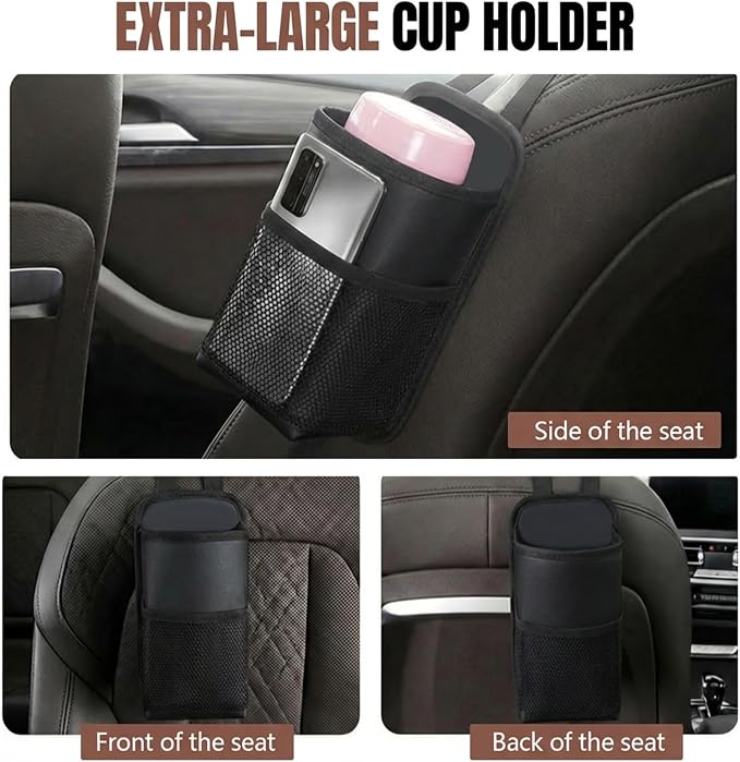 2 in 1 Large Cup Holder, 80oz Auto Water Bottle Holder Bag, Multifunctional Car Hanging Storage Bag for Big Drinks, Items, Vehicle Seat Side Organizer with Mesh Pocket, Car Accessories (Black)