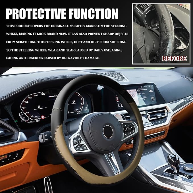 Car Steering Wheel Cover, 15 Inch Napa Leather Car Steering Wheel Protector, Slip-Resistant Elastic Steering Wheel Handle Cover, Universal Interior Accessories for Cars Trucks SUVs (Beige)