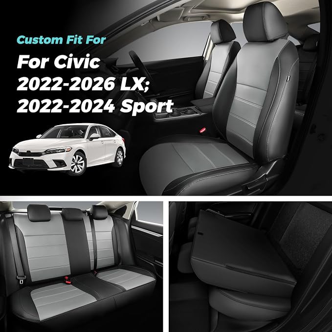 Seat Covers for Honda Civic Sedan Sport 2022 2023 2024 & LX 2022-2026, Custom Faux Leather Car Seats Cover Full Set Waterproof - Black Grey (Solid Rear Seatback - NO Rear Armrest)