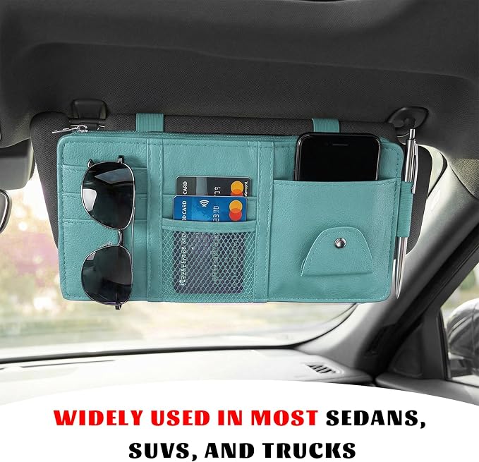 Car Sun Visor Organizer, Multifunctional Auto Visor Storage Bag with Net Pocket & Eyeglass Clamp, Waterproof Multi-Pocket Storage Pouch Ticket Organizer for Car Sun Visors (Blue)