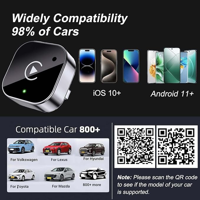 2026 Upgraded Wireless CarPlay Adapter for iPhone&Android, Mini Wired to Wireless Adapter for CarPlay &Android Auto, Plug and Play, Stable Connection & No Latency