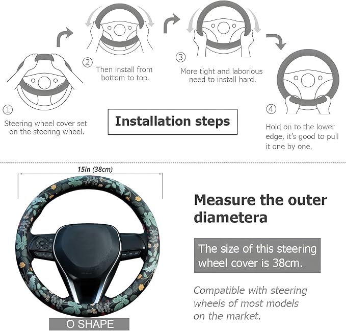 Flowers and Strawberries Steering Wheel Cover Auto Leather Steering Wheel Protector, Anti-Slip, Breathable, Absorbing Sweat, Universal Car Accessories 14.5–15 inch,Fit for Most Car, Trucks, SUV