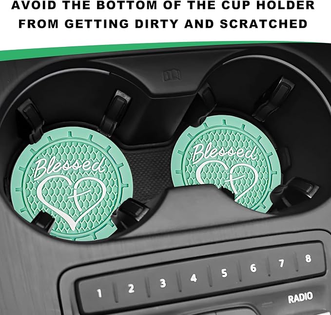 2 PCS Car Cup Holder Coaster, 2.76 Inch Non-Slip Auto Drink Mats with Blessed Cross and Heart, Shockproof Christian Cup Insert Coaster for Most Vehicles, Car Accessories (Mint Green)