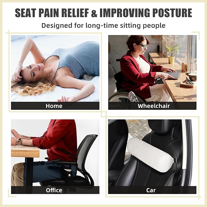 Coeyese Lumbar Roll Pillow for Lower Back Support, Cream, Long-15 * 4.3'' | Removable Pillowcase, Upgraded Adjustable Strap, Suitable for Office, Chair, Car, Seat Pain Relief & Improving Posture