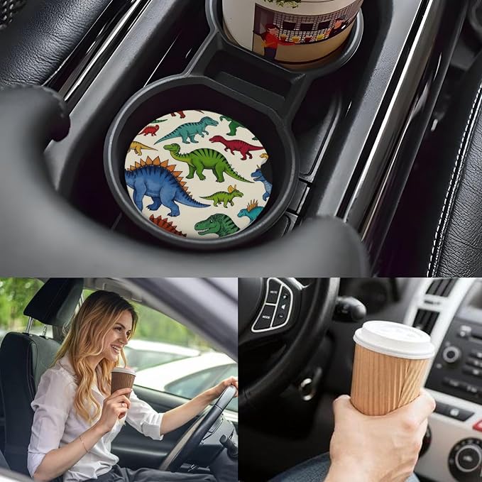 Ceramic Car Cup Coasters 2PCS - Colorful Dinosaur | with Cork Back & Finger Slot, Anti-Slip Shock Absorbing, Universal Car Interior Accessories for Men Women