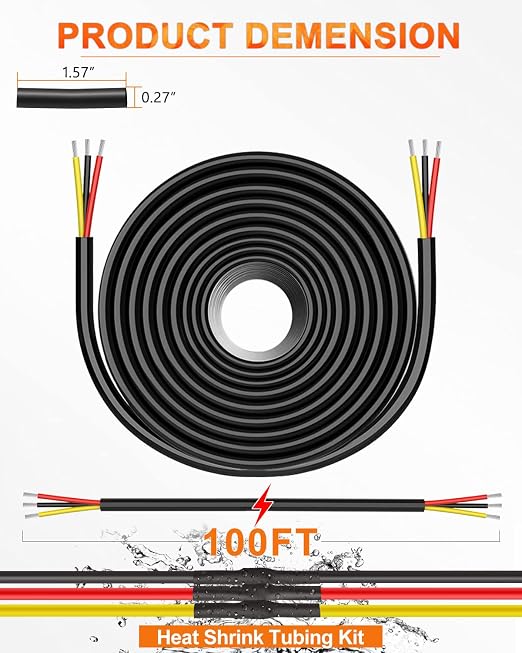 NAOEVO 14 Gauge Wire 3 Conductor Electrical Wire, 14 AWG Stranded PVC Cord, 12V Low Voltage/Tinned Copper/Flexible Cable for Automotive Wiring, Lamp Cord, Marine Cable (100FT)