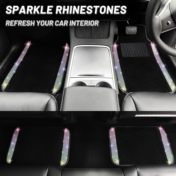 NBTEPEM Bling Car Floor Mats Full Set and Steering Wheel Cover, Universal Fit Most Cars, 4 pcs Sparkle Glitter Diamond Carpet, 5 pcs Bling Car Accessories Set for Women (Multicolor Diamond)