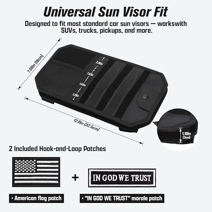 Heavy Duty Car Sun Visor Organizer with Sunglasses Holder | Universal Tactical Organizer, MOLLE Panel, Mesh Pouch + Pen Slots + Zipper Pockets, 1000D Polyester, Esay Installation