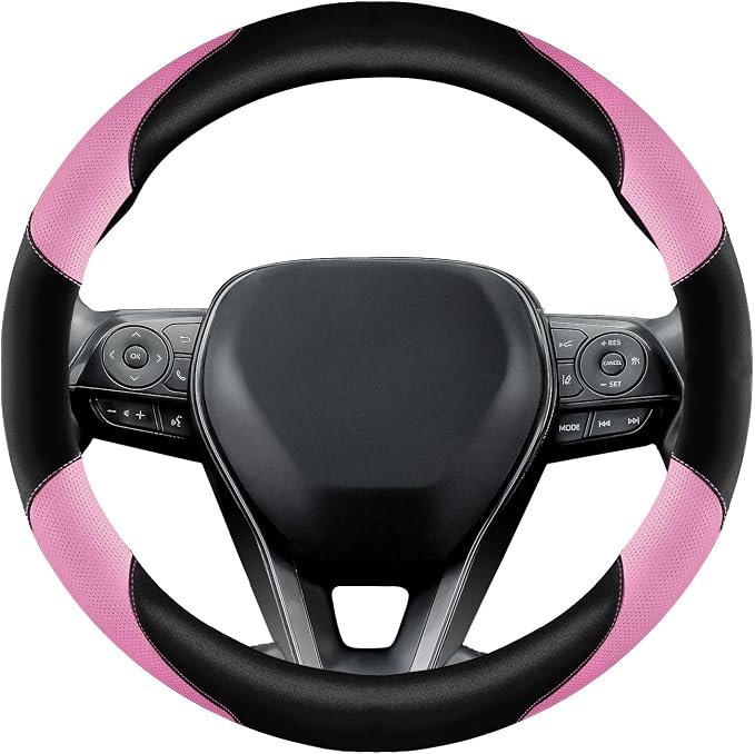 Soft Leather Steering Wheel Cover with Breathable Design and Anti-Slip Grip, Fully Compatible with Tesla, Toyota, Honda, Nissan 14.5-15.2 inch Round Steering Wheel(Sedans and SUVs)