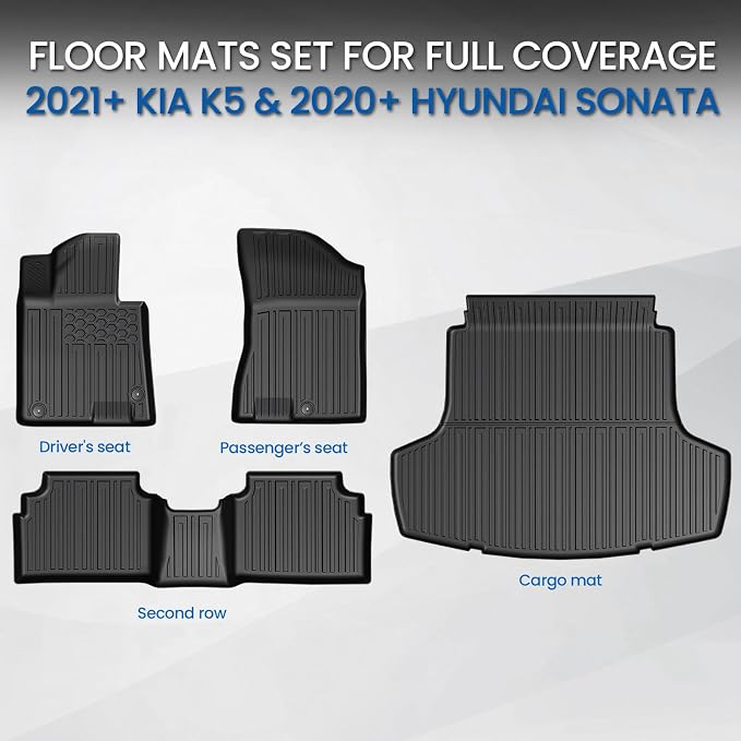 Floor Mats Set for 2021-2026 Kia K5 FWD & 2020-2026 Hyundai Sonata Gas FWD, All Weather TPE Floor Liners Trunk Mat Cargo Liner Accessories for K5 FWD- GT Line/GT/LXS/LX/EX