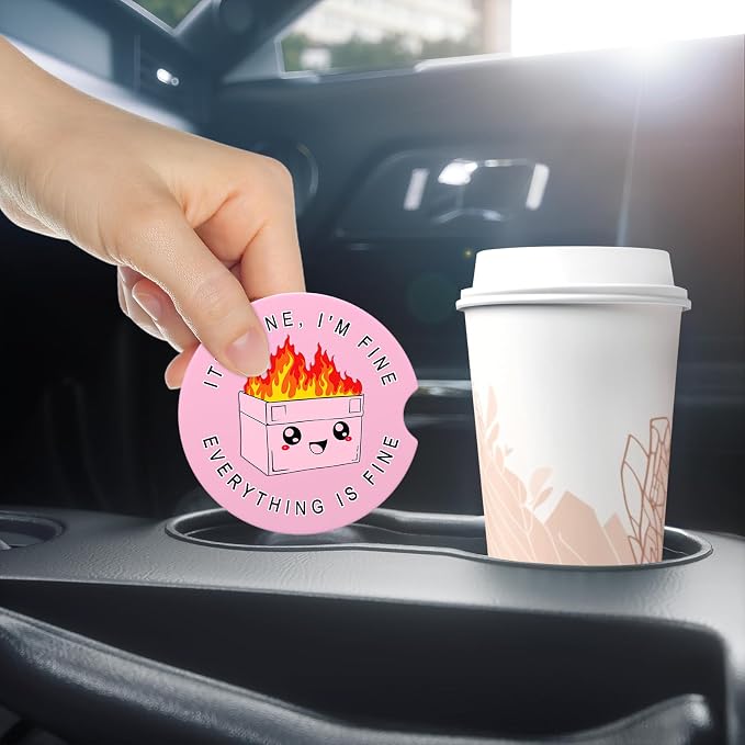 Aiawoxc Car Cup Holder Coasters, 2 Pack Universal Auto Anti Slip Insert Coaster with A Finger Notch, Cup Mat for Most Car Interior, Pink Cute Dumpster
