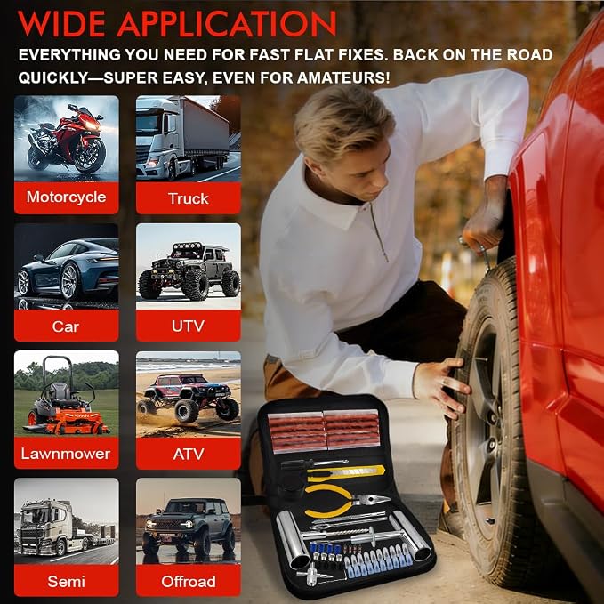 77Pcs Tire Plug Kit, Heavy Duty Tire Repair with Rubber Nails, Screw Plugs, T-Handle, Professional Fix a Flat Puncture Patch Tools Kit for Car, Motorcycle, Truck, UTV, ATV & Lawn Mower Tubeless