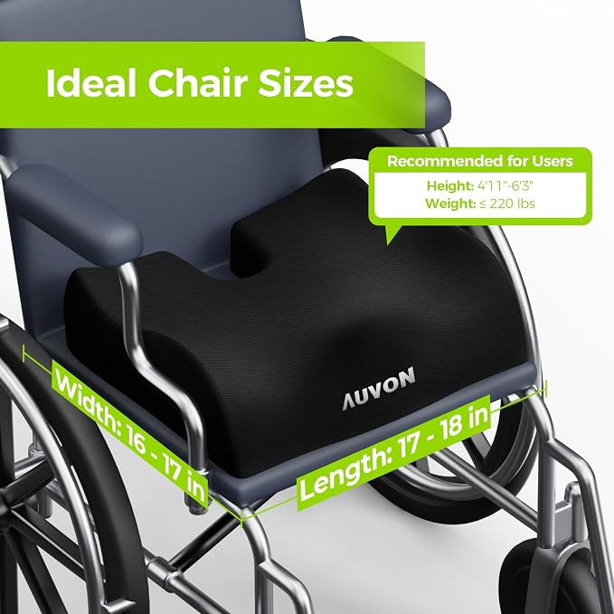AUVON Anti-Slip Wheelchair Cushions with Front High Rear Low & Hump Design, Ergonomic Seat Cushion to Optimize Sitting Posture, Chair Cushions Relieve Sciatica, Back, Pressure Sore & Ulcer Pain | Ergonomic Chair Cushion with U-Cutout for Tailbone, Back...