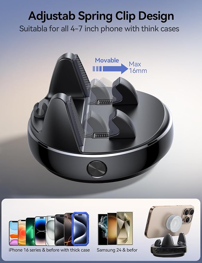 JOYROOM Car Phone Holder Mount, 360 Degree Rotation Dashboard Phone Holder | 30°Vertical Adiustment, Anti-Slip Grip & Adjustable Spring Clip Phone Holder for Car, Compatible with Smartphones, GPS Device