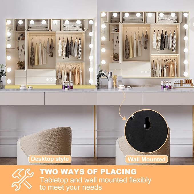 Moonee Vanity Mirror with Lights, Gold Hollywood Lighted Makeup Mirror with 18 Dimmable Bulbs and 10X Magnification, 3 Colors Modes, Aluminum Metal Frame, Light Up Mirror for Tabletop/Wall(32" x 24")