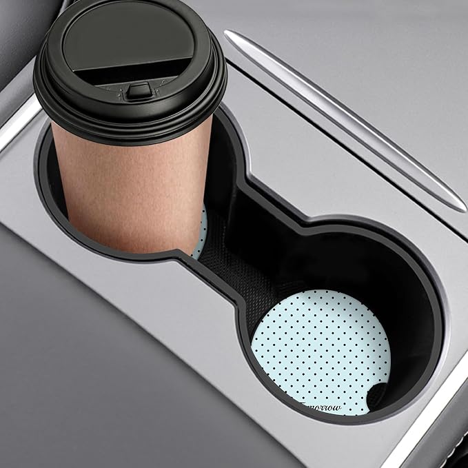 Cute Fashion Polka Dot Car Coasters 2 Pack for Cup Holders, 2.56 Inch Finger Notch Retro 70's Style Ceramics Heat Resistant Anti Slip Cork Base Car Drinks Coasters Auto Accessories-Blue