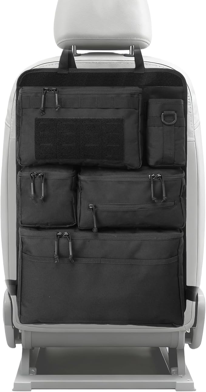 One-Piece Universal Car Seat Back Organizer with Tissue & Water Bottle Bag | Tactical Molle Car Backseat Organizer, Multi Separate Storage Compartments,for Car Truck Pickups SUVs