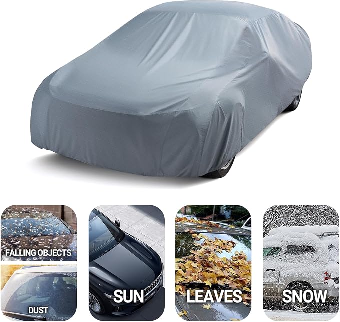 Season Guard Sedan 228" Car Cover, Dustproof Lightweight Indoor & Outdoor | Breathable polypropylene layer, fits sedans up to 228", includes storage bag & antenna patch, elastic hem for secure fit