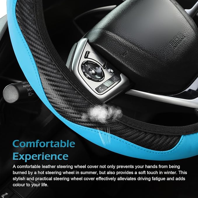 Leather Car Steering Wheel Cover,15 Inch Carbon Fiber PU Elastic Steering Wheel Protector, Anti-Slip Breathable Driving Wheels Covers, Universal Car Interior Accessories (Blue)