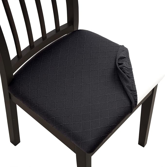 Fuloon Waterproof Seat Cushion Covers 4 PCS, Stretch Jacquard Chair Seat Covers Washable Dining Room Chair Slipcovers Removable Kitchen Cushion Protector (4, Waterproof-Black)